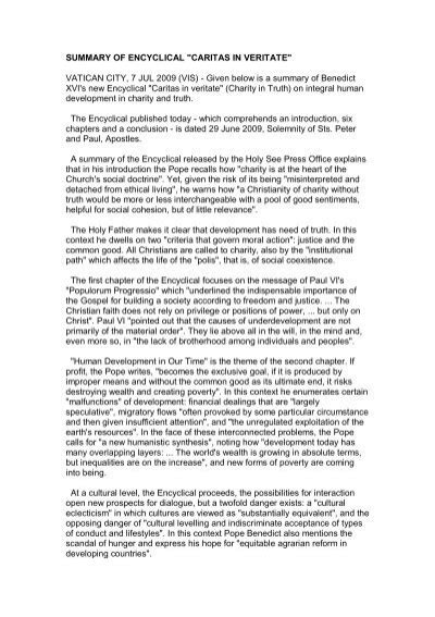 caritas in veritate summary|Benedict's Third Encyclical: A Summary .